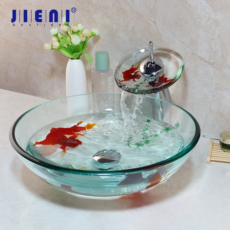 JIENI Tempered Glass Bathroom Vessel Sink Waterfall  Chrome Brass Faucet Combo Gold Fish Art Design Glass Lavatory Basin Set