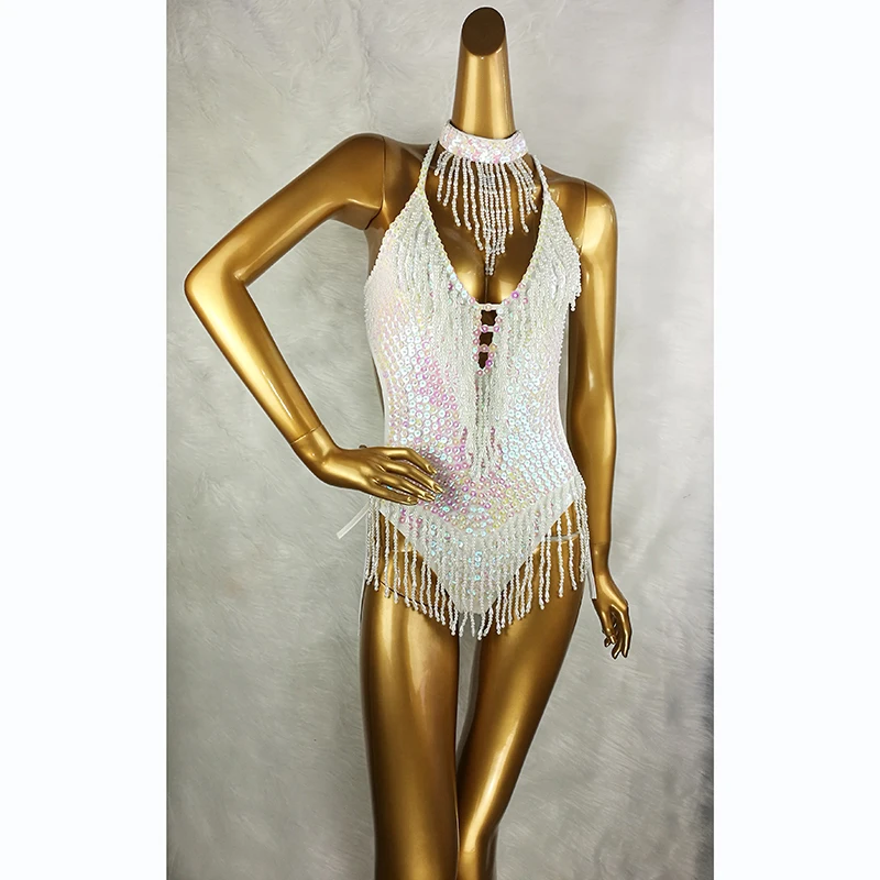 New Sexy Women Beaded Sequin Bodysuit Swimsuit latin Belly Dance Costume One-Piece Outfit Costume Stage Performance Leotard