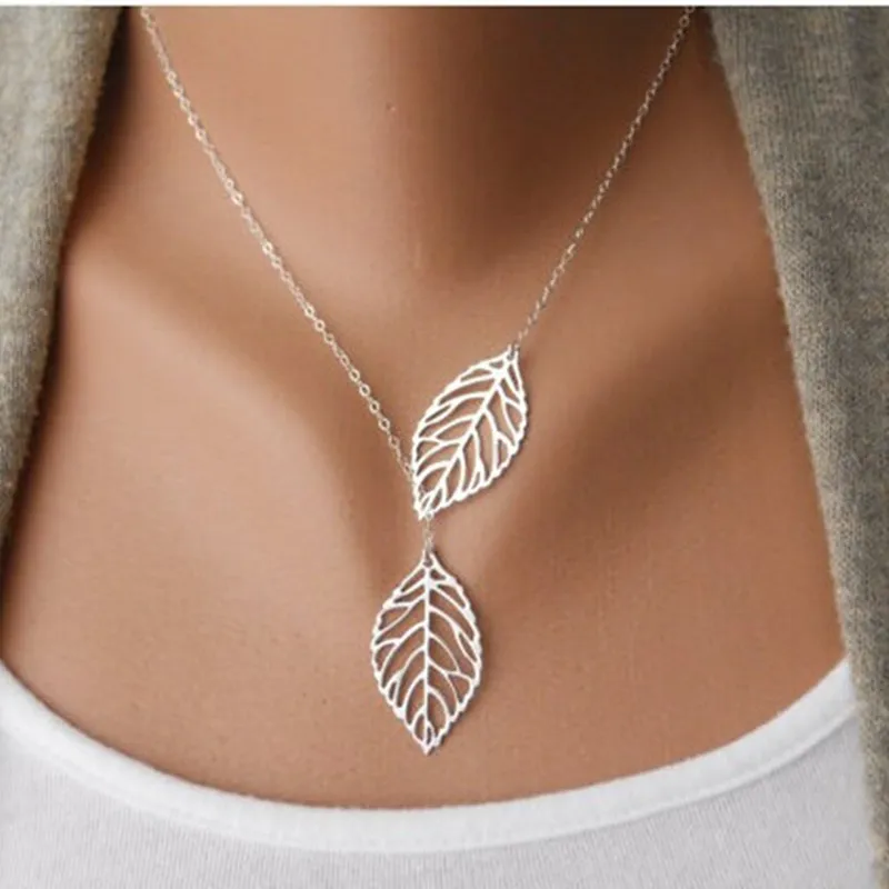 New Double Leaves Women Clavicle Necklace Silver Color Leaf Pendants Necklaces Collares Fashion Jewelry bijoux femme