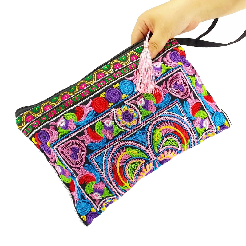 BOHO Women\'s bags Embroidery canvas wallet clutch purse for women Wristlets bag Retro Cell phone bags