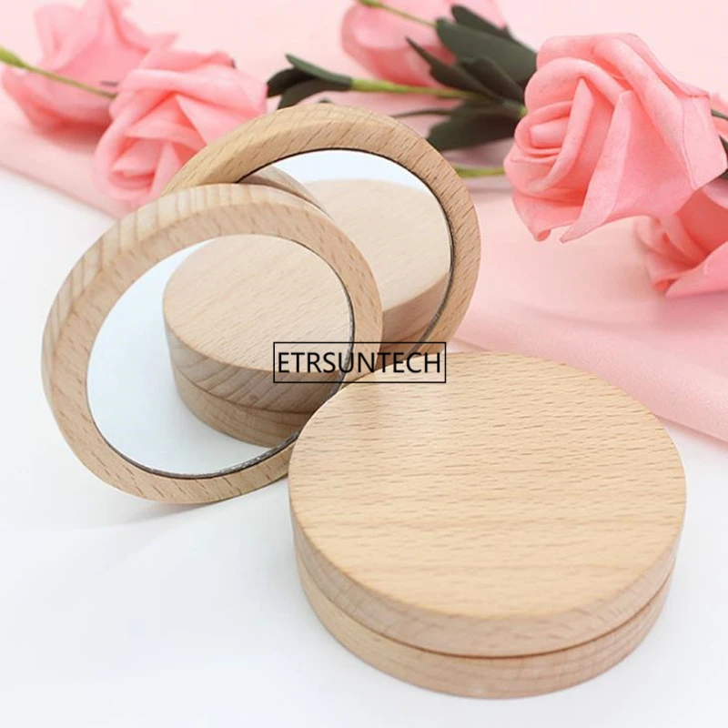 100pcs Wooden Small Round Mirror Portable Pocket HD Mirror Wood Mini Makeup Mirror F3147