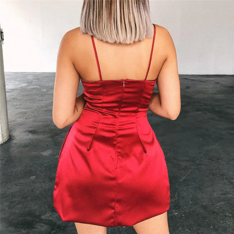 yuqung Satin Mini Dress Women Sexy faux silk Strap v neck evening A line short slip Dress sundress Beach vestidos Robe Femme