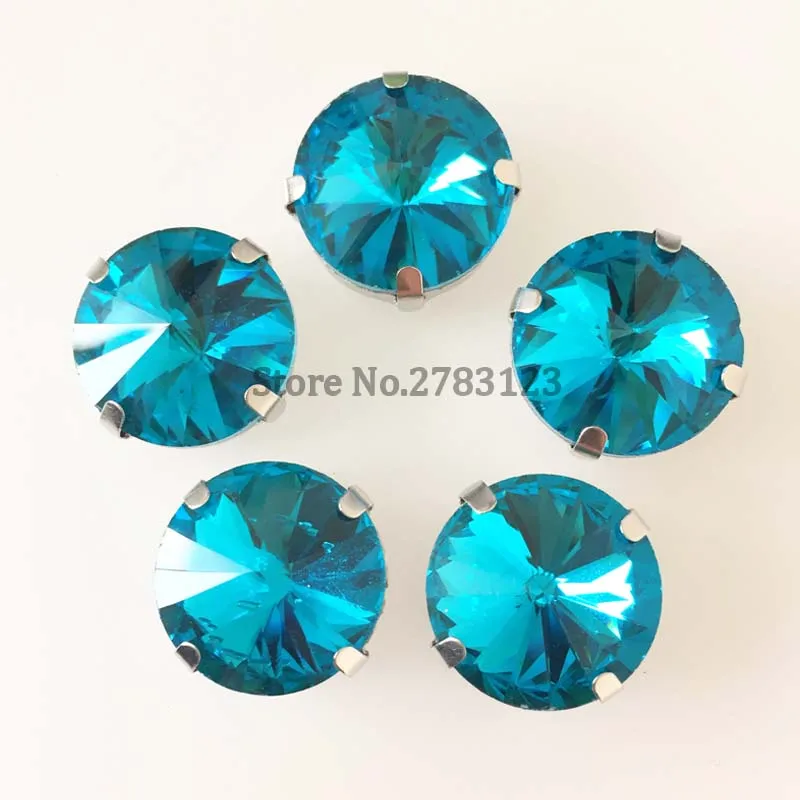 

All size 20pcs/bag lake blue round shape High-quality Glass sew on stones with Silver claw use for Clothes Dresses