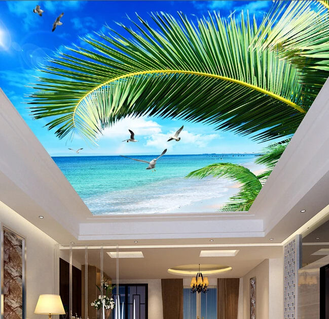 

Custom wallpaper ceiling, palm sea blue sky murals for the living room ceiling apartment hotel background wall vinyl wallpaper