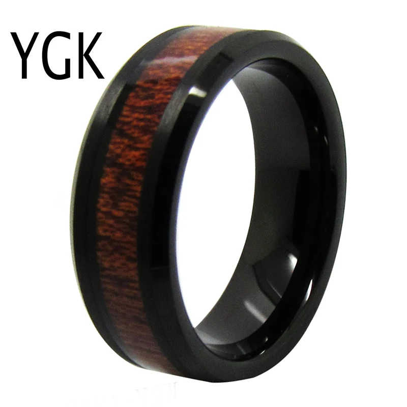 

YGK Wedding Jewelry Lover's Ring Black Bevel Wood Inlay Men's Tungsten Ring Bridegroom Wedding Engagement Anniversary Ring