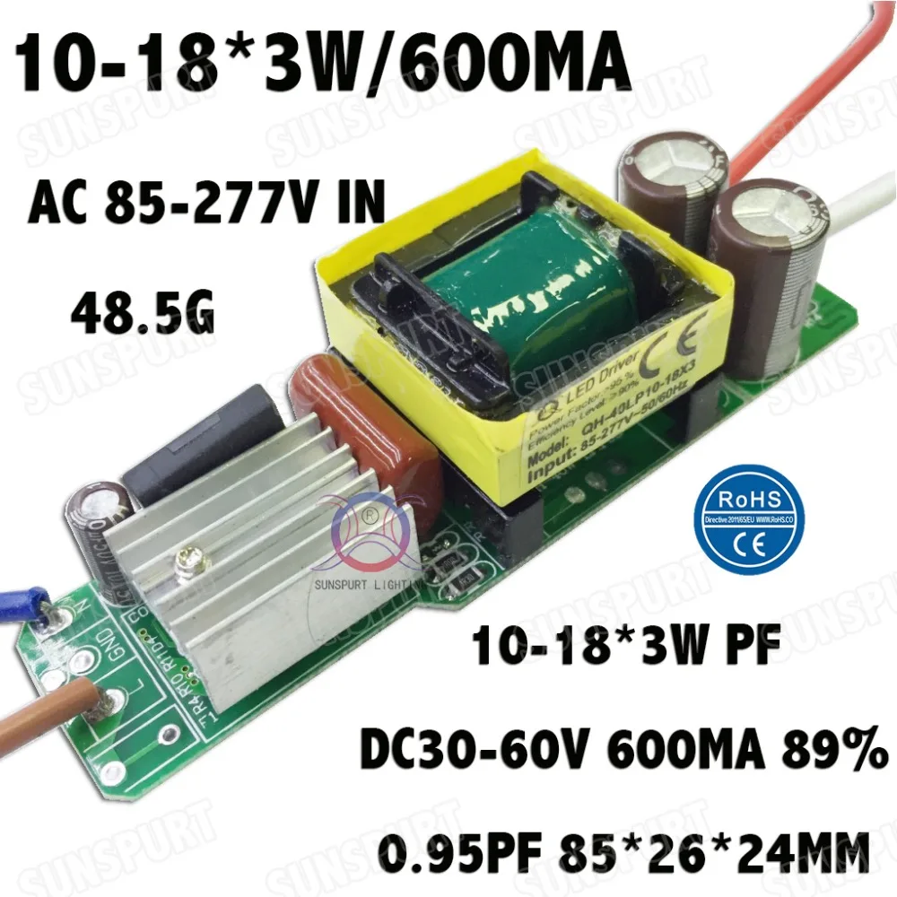 

5-100Pieces High PF Isolation 36W AC85-277V LED Driver 10-18x3W 600mA DC30-60V LEDPower Constant Current LED Lamp Free Shipping