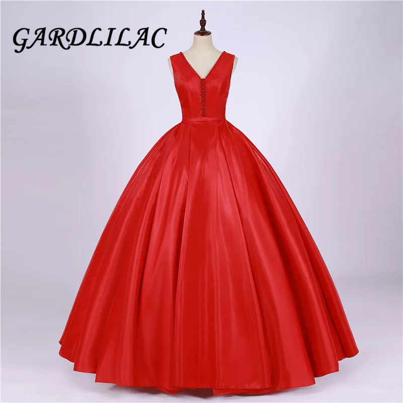 Red Ball Gown Abito Da Sera Lungo Delle Donne del Raso In Rilievo Con Scollo A V Vestito Convenzionale Promenade Del Partito Del Vestito Più Il formato Vestito Da Sera G0126