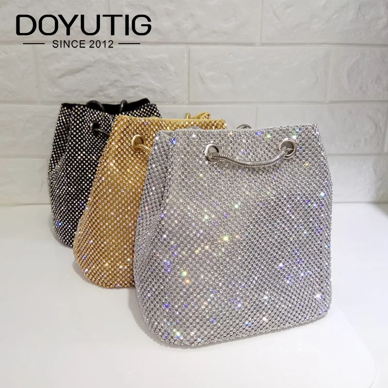 

DOYUTIG Brand Shining Women PU Leather Bucket Bags With White Diamond Luxury Lady Mini Size Crystal Shoulder&Crossbody Bag A202