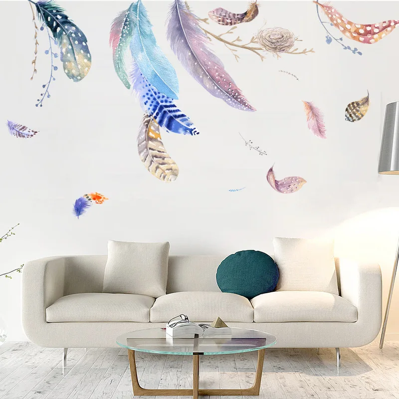 

Modern Style Colorful Feather Wall Sticker For Living Room Sofa Background Decoration Mural Decals Home Decor Beautify Wallpaper