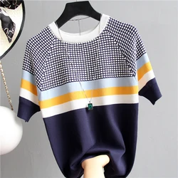 shintimes Plaid T-shirt With Stripes Women Tshirt Knitted Loose 2024 Summer ​Tops Korean T Shirt Woman Clothes Tee Shirt Femme