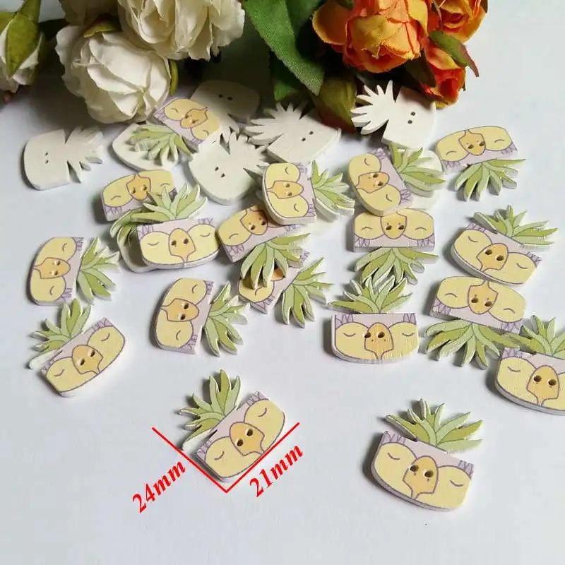 New 50PCs Mixed 5 Style 2-Hole Wooden Buttons Potted cactus Pattern Fit Sewing DIY Scrapbooking Accessories botones decorativos