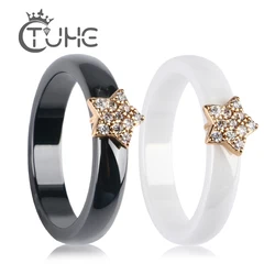 Gold Color Star Women Rings With Bling CZ Rhinestone 4MM Smooth Black White Ceramic Rings Jewelry Wedding Anniversary Gift