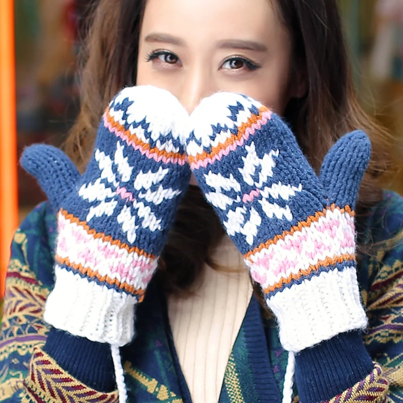 Jacquard Patchwork Fashion Women Winter Warm Thick Mittens Handmade Knitted Gloves