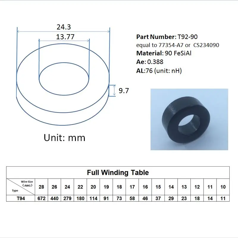 10pcs T92-90 Sendust  Core 77354-A7, CS234090 Fe Si Al AL:76nH/N2 Ae: 0.388