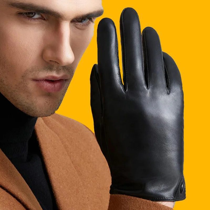 Men\'s Fashion Genuine Leather Gloves Thin/ Thick Plush Winter Warm Sheepskin Full Finger Touch Screen Driving Gloves Mittens L75