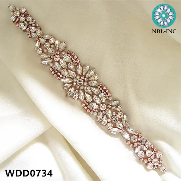 

(30PCS )Wholesale hand beaded sewing bridal sash rose gold rhinestone appliques iron on for wedding dresses WDD0734