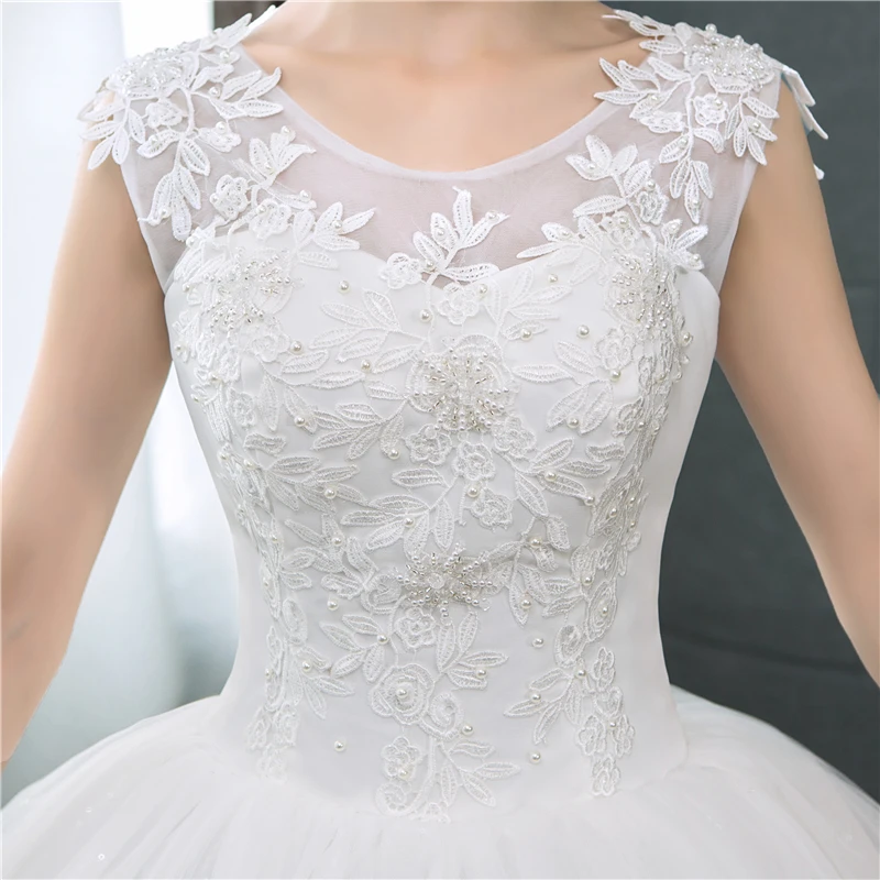 Hot Sale Korean More Pearls Appliques Lace Ball Gown Cheap Wedding Dress 2022 New Fashion Sweet O-Neck Summer Estidos De Noivas