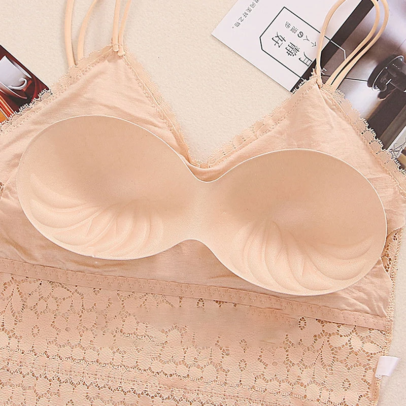 Women Lace Floral Padded Bralette Bralet Bra Bustier Long Crop Top Cami Tank Top Push Up Lace Underwear Wire Free Sheer Bras