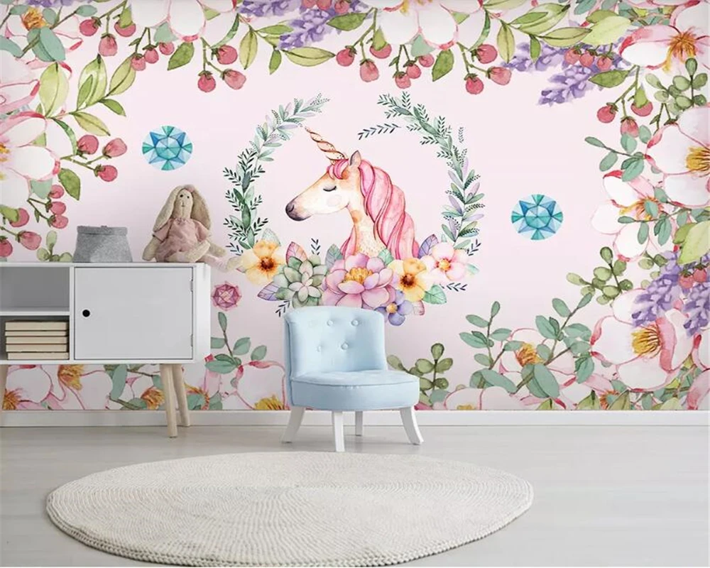 

beibehang Custom High-quality wallpaper Hand Painted Floral Unicorn children room decoration wall papel de parede 3d wallpaper