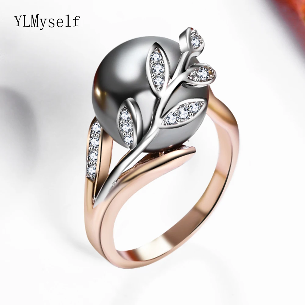 Trendy Hot Ring with Gray 12mm Simulated Pearl & Cubic zircon Women Jewelry Statement Leaf Finger Rings