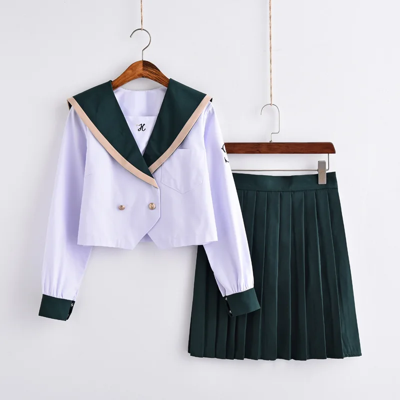 Japanese Jk School Uniform For Girls Embroideried Logo Short Sleeve High School Women Casual Sailor JK Uniforms Sets Green XXL