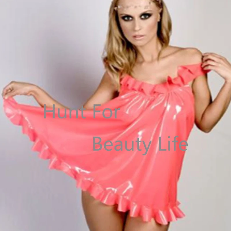 

Latex mini Dress handmade Ruffler Sexy Sundresses strap and pleated trim and natrual cute gown night suit