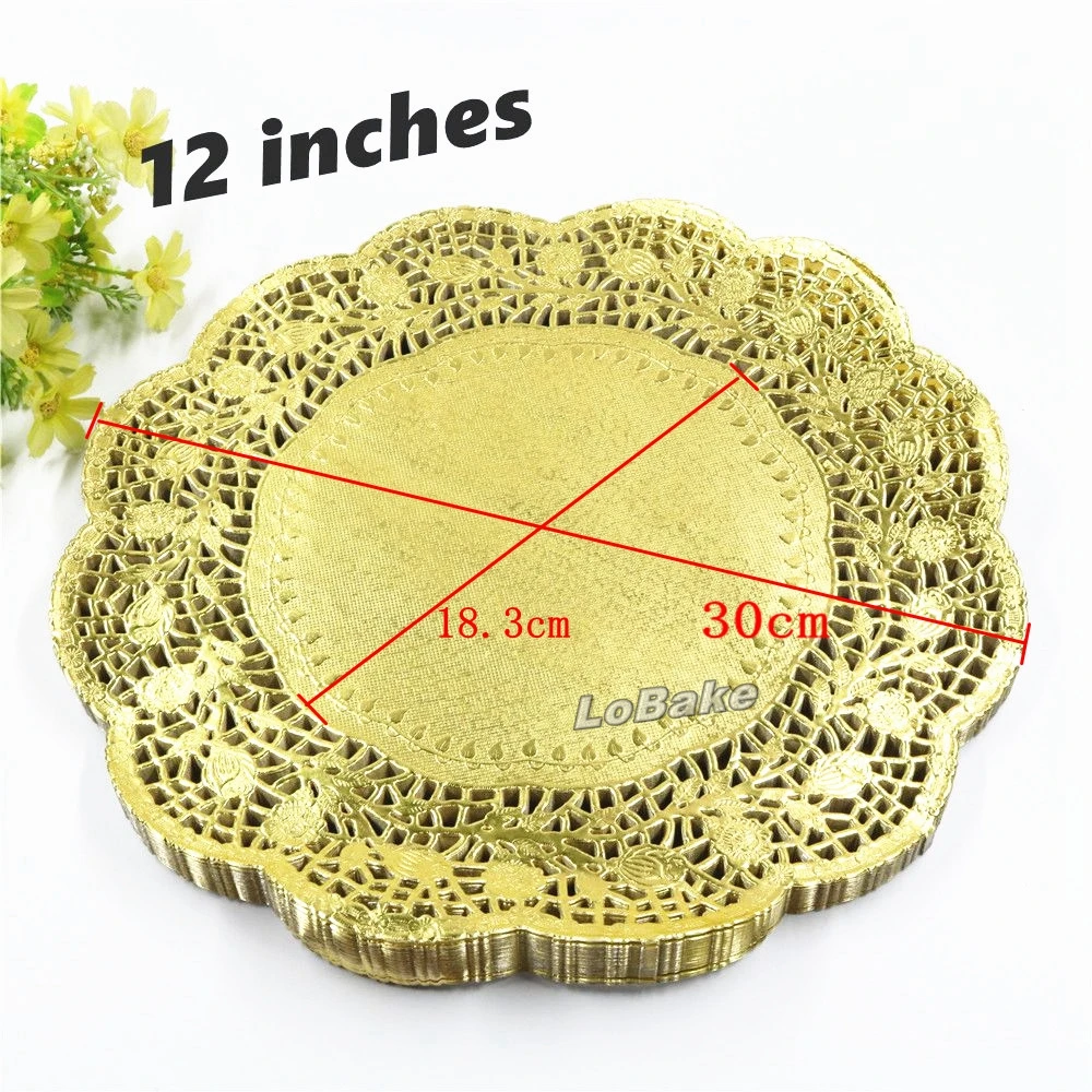 (100 pieces/pack) New arrivals 12 inches gold colored round paper lace doilies cupcake bread placemats home dinner tableware