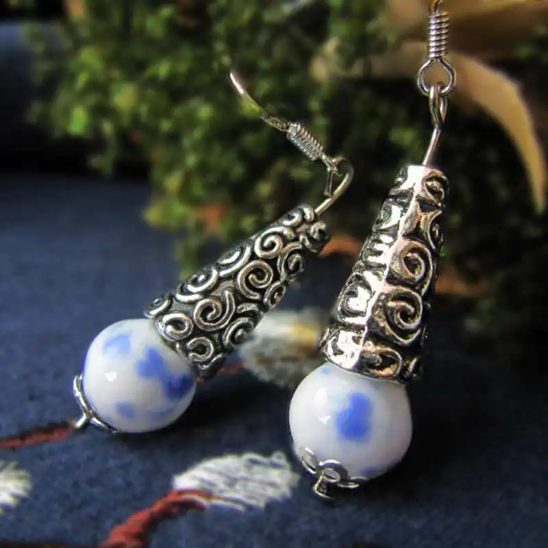 Ruifan Vintage Blue and White China Ceramic Earrings Beads Women Long Drop Dangle Handmade Hook Earring Jewelry 2021 YEA279