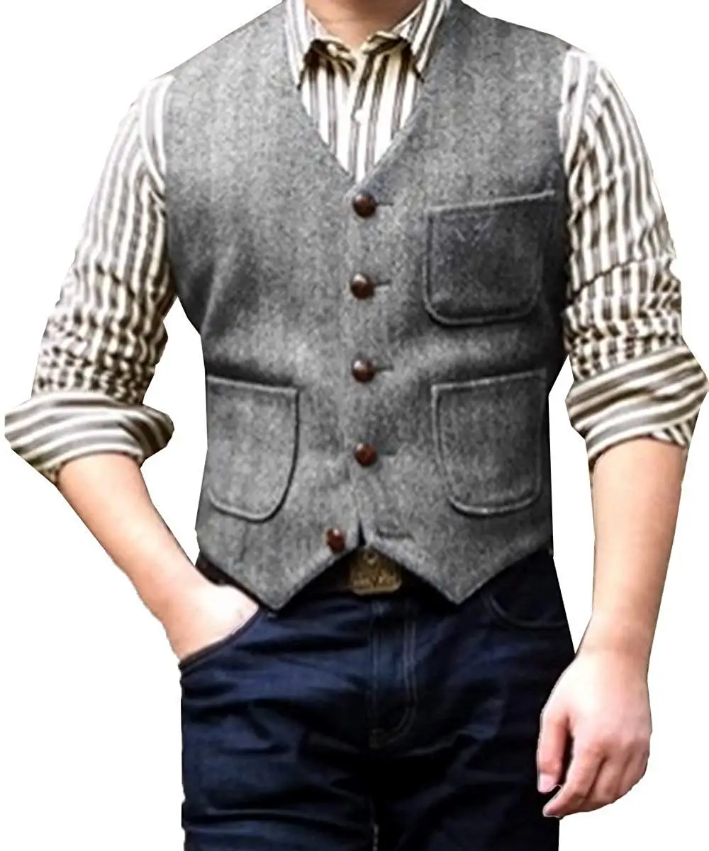 Men\'s Suit Formal V Neck Wool Herringbone Tweed Casual Waistcoat Formal Business Vest Groomman For Wedding Green/Black/Brown