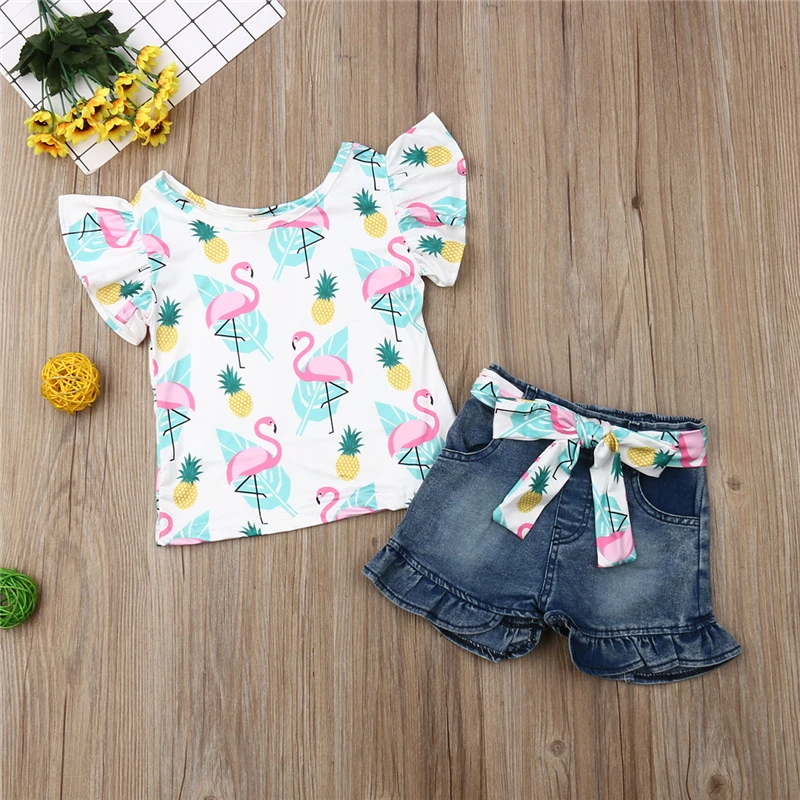 Toddler Kids Baby Girl Cartoon Floral Clothes Set Cotton Tops T-shirt Denim Pants Shorts Children Summer Outfits Clothes Sunsuit