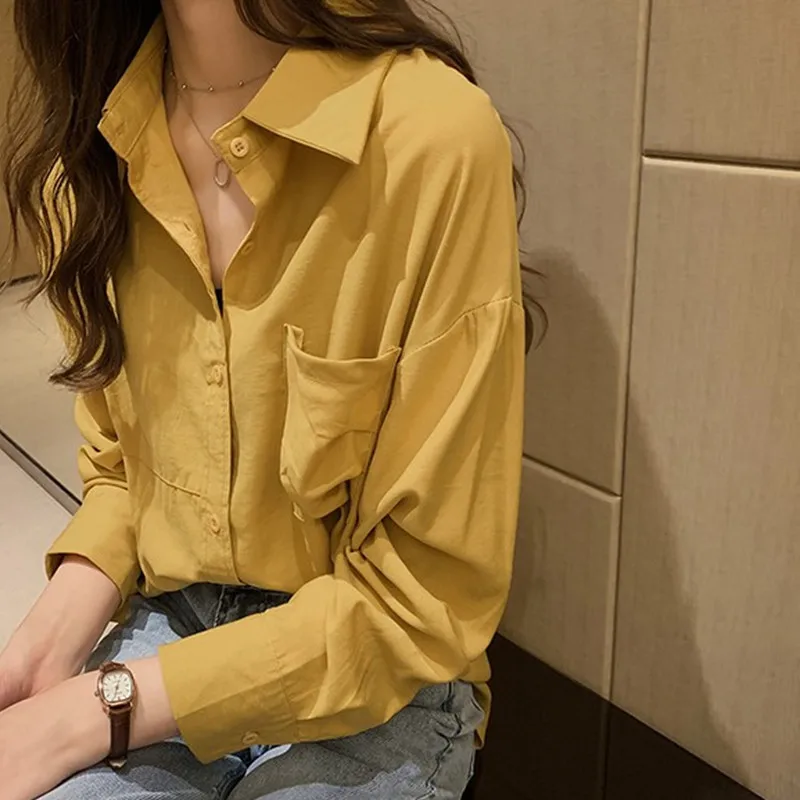 Spring Shirt Clothes Plus Size Loose Long Sleeve Women's Blouse Pure Color with Pocket Turn Down Collar Girl Bottoming Top H9134