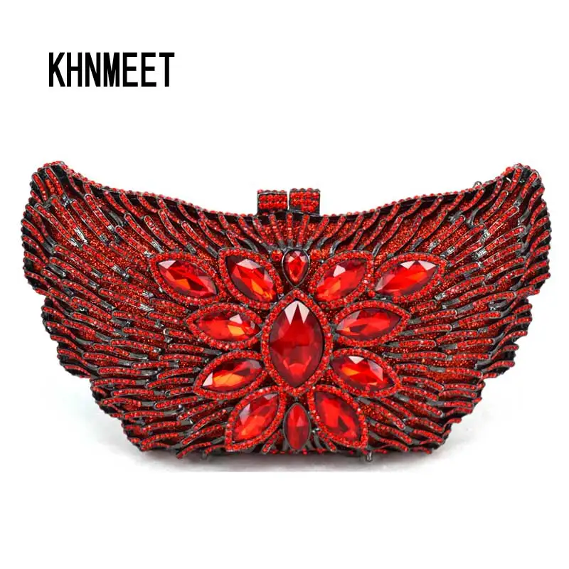 KHNMEET Luxury Clutch Bag Red Pochette Purse bag Chain Bling Crystal Clutch Wing Red Ladies Wedding Bride Evening Bag SC052