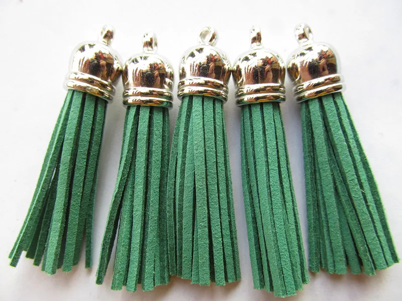 Free Shipping 100Pcs 59mm Gem Blue Green Suede Leather Jewelry Tassel For Key Chains/ Cellphone Charms Top Plated End Caps Cord