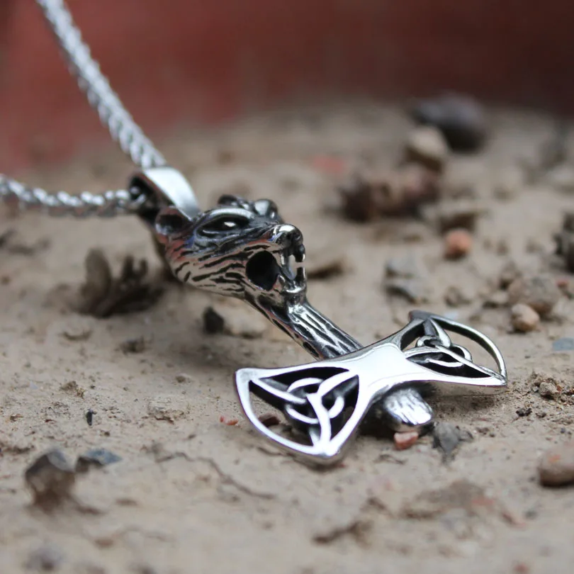 316L stainless steel Vikings Wolf Double edged axe Necklace Pendant werewolf Trinity symbol Viking Battle Axe Necklaces MEN boys