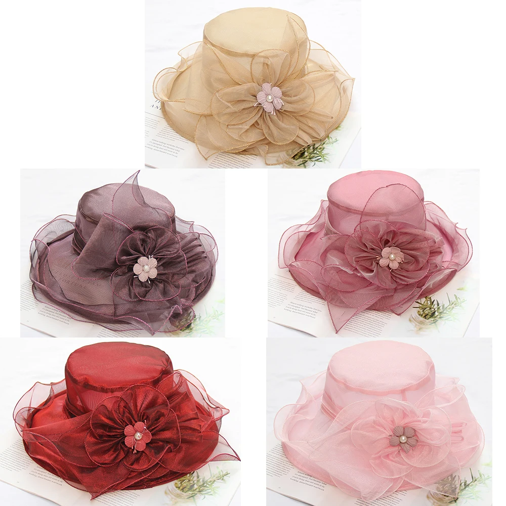 FS Summer Organza Fascinator Foldable Wedding Church Dresses Kentucky Derby Hats For Women Elegant Pink Wide Brim Sun Hat Fedora