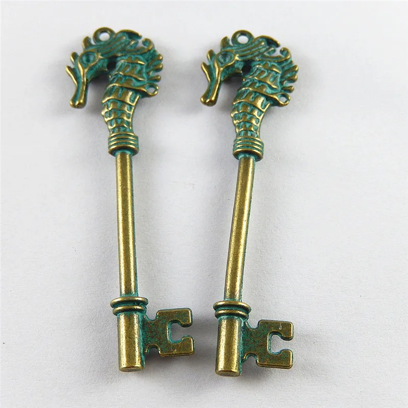 Julie Wang 10PCS Antique Green Bronze Charms Simulated Sea Horse Key Pendants Suspension Jewelry Findings Necklace Accessories