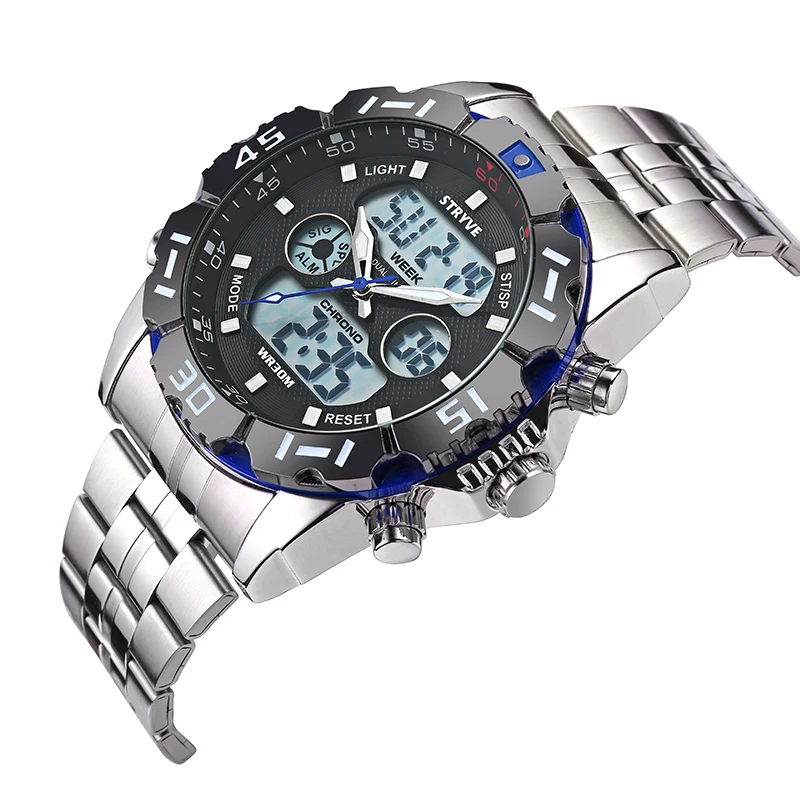 Stryve 8011 Luxury Brand Waterproof Military Sport Watches Men Stainless Steel Digital Quartz Dual Display Watch Montre Homme