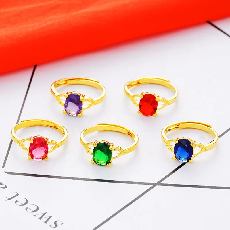 OMHXFC Wholesale European Fashion Woman Girl Party Birthday Wedding Gift Red White Green Oval Zircon 18KT Real Gold Ring RI69