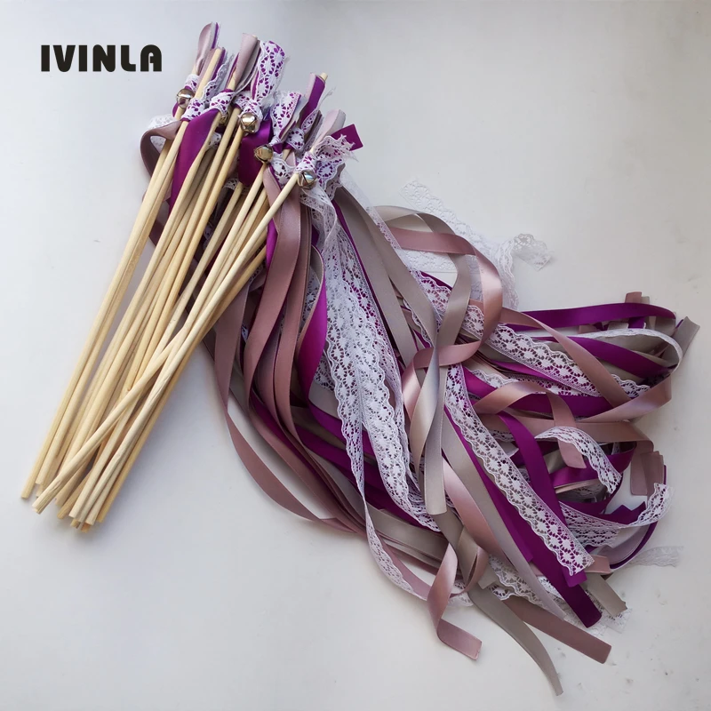 50pcs/lot purple and grey Wedding  Ribbon Wands Sticks with white lace and big sliver Bells