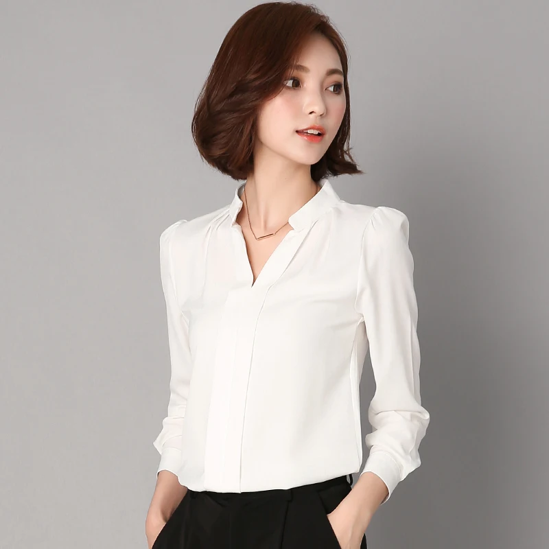 gkfnmt 2018 New Women Blouses V-Neck Office Lady OL Elegant White Tops Long Sleeve Shirt  Vetement Femme Blusas Chemise Femme