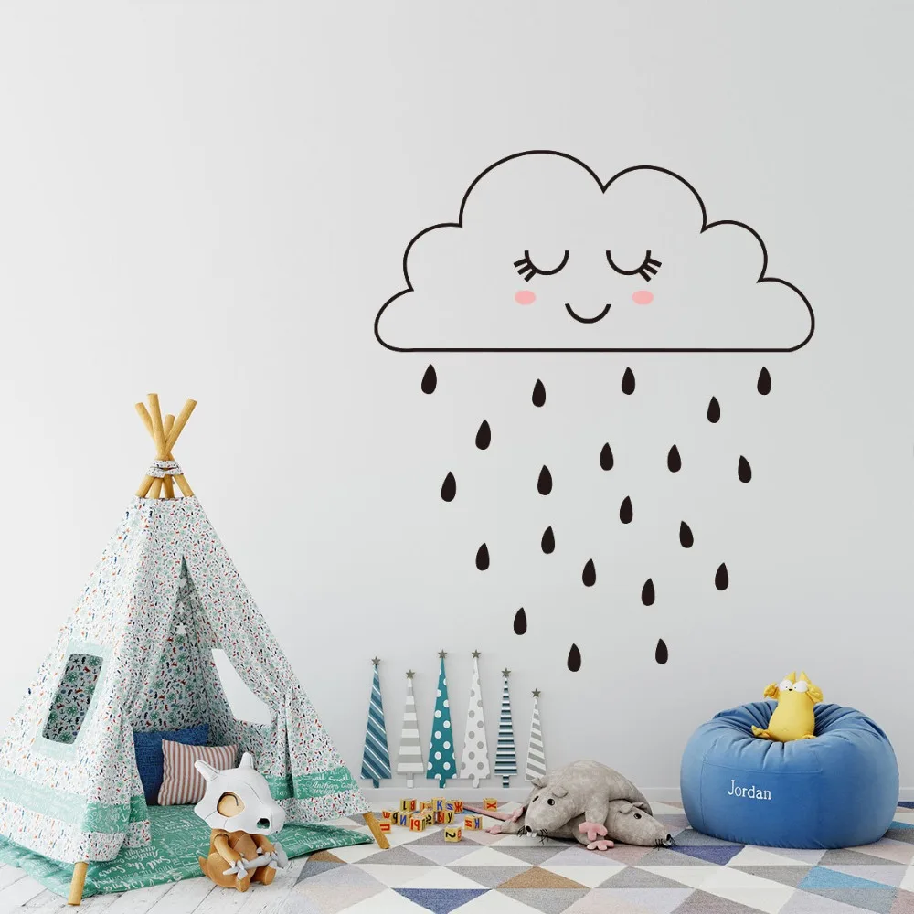 Cartoon Cute Smiling Clouds Raindrop Rain Wall Sticker For Kids Baby Rooms Home Decor Child Birthday Gifts Vinyl Art Wall Decals