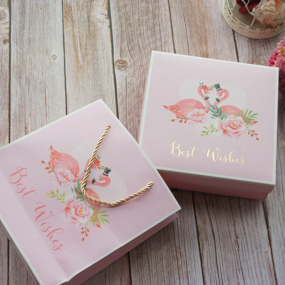 

20*20*6.5cm 3set Gold best wish Flamingo Design Paper Box + Bag As Cookie Candy Handmade Sweet Wedding Birthday Gift Use