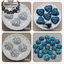 100 pz 12mm Cuore/Rotondo Nero Lucido AB/Argento Druzy Superficie di Pietra Rhinestone Della Resina Del Flatback Cabochon FAI DA TE accessori artigianali