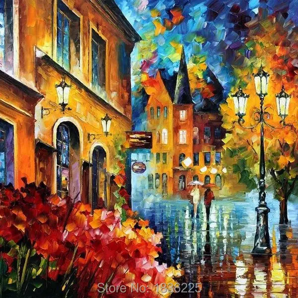 

100% Hand painted canvas oil paintings for living room wall art decorative knife landscape pictures street landscape painting