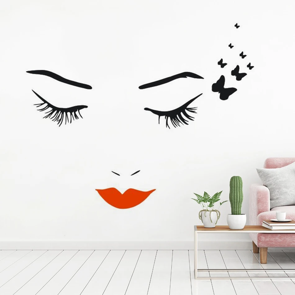 Beauty Salon Decorative Sticker Eyelashes Butterflies Vinyl Wall Decal Removable Eyes With Red Lip Vinyl Wall Poster  AZ297