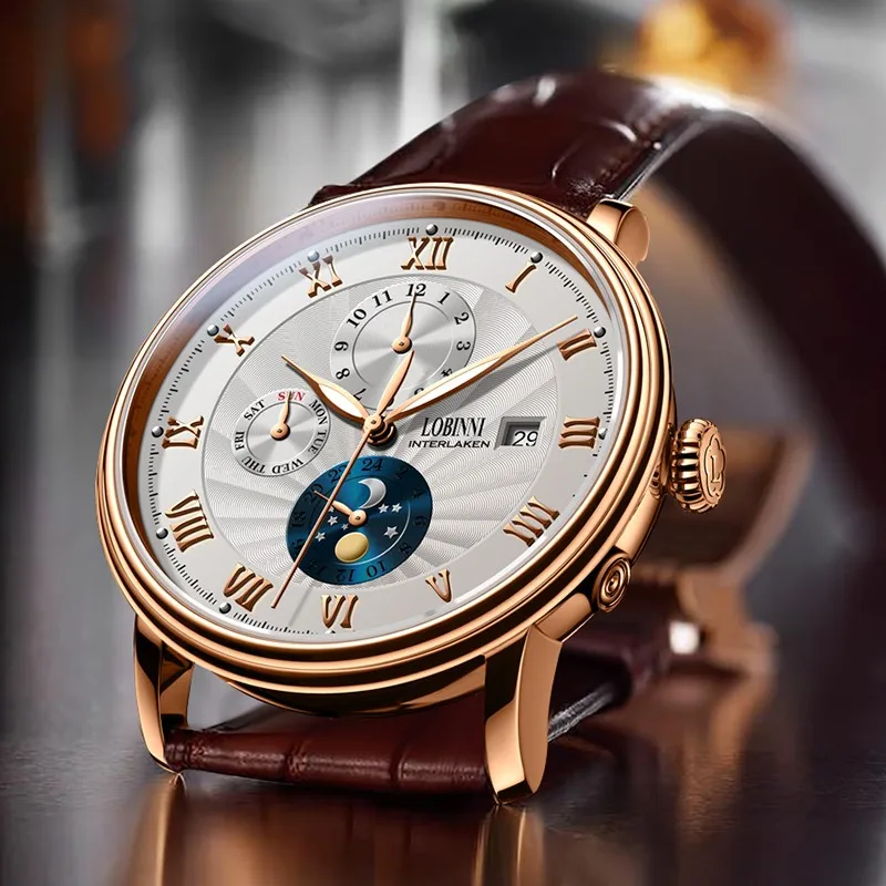 New LOBINNI Switzerland Men Watches Luxury Brand Seagull ST16 Automatic Mechanical Clock Sapphire Moon Phase Waterproof L1023B-5