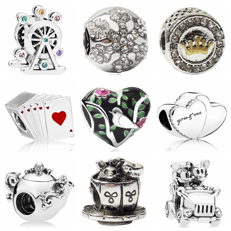 Btuamb European Flower Bird Hamburger Trophy Poker Love Heart Beads Fit Brand Charm Bracelets Necklaces DIY Making Jewelry