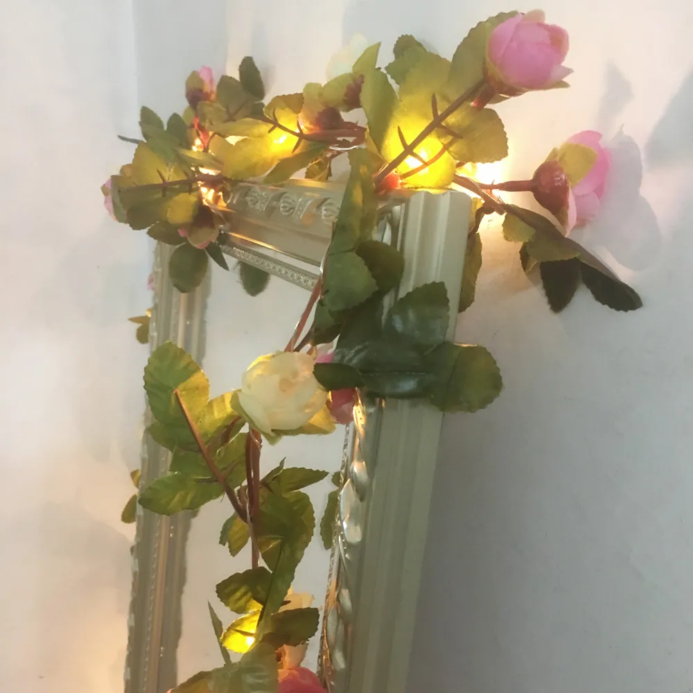 Handmade 2.2M 25 LEDs Pink Rose Outdoor Garland String Light Battery Operate Copper Fairy String Lights For Wedding Decoration