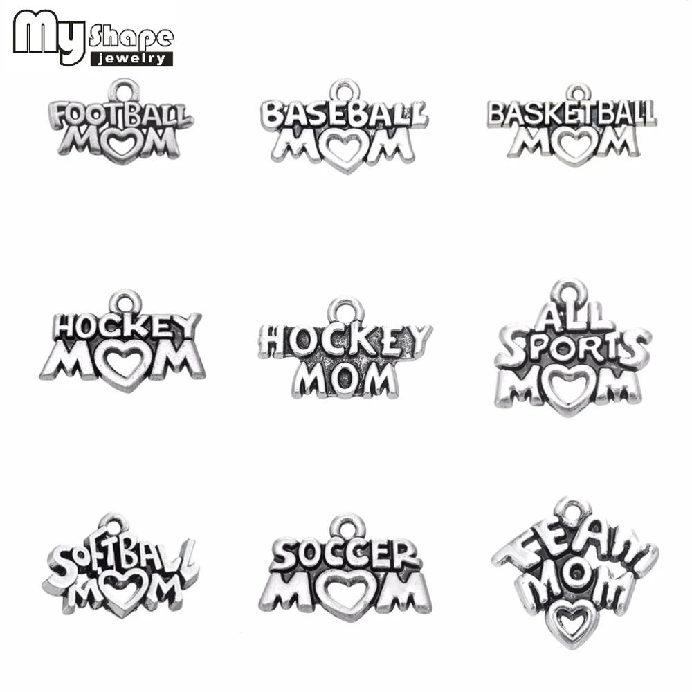 My Shape Football Baseball Hockey Soccer Basketball Mom Heart Pendants Sport Charms for DIY Jewelry Making Accessories 20pcs