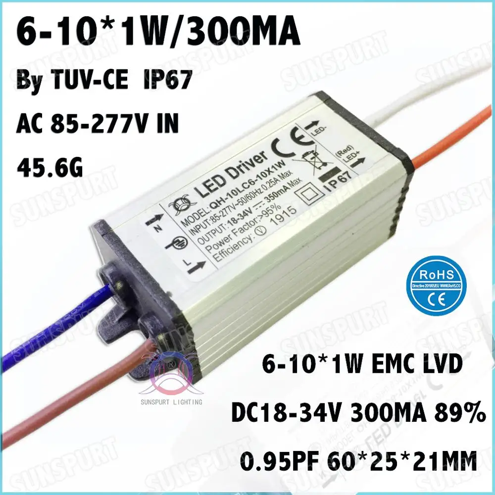 5 Pcs By TUV-CE IP67 10W AC85-277V LED Driver 6-10x1W 300mA DC18-34V Constant Current LED Power For LED Spotlight Free Shipping